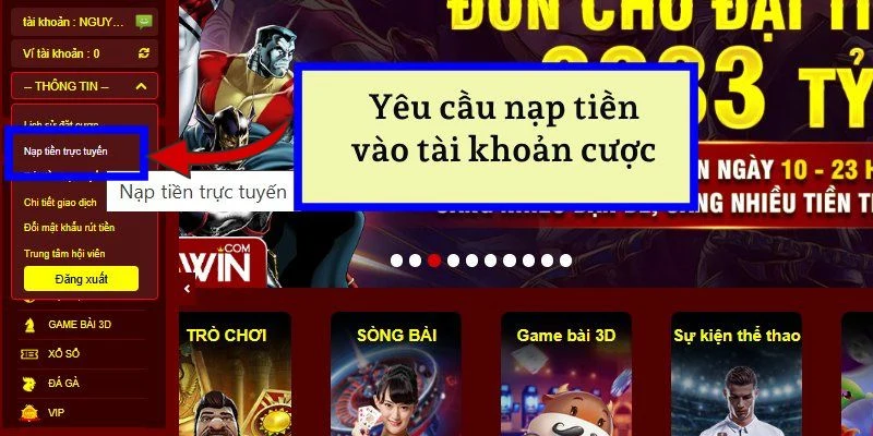 Lựa chọn phương thức nạp tiền thích hợp trên danh sách