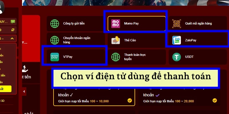 Lựa chọn loại ví bạn muốn sử dụng để thanh toán