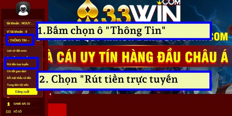 Hướng dẫn rút tiền bằng cách chọn lệnh yêu cầu trên hệ thống